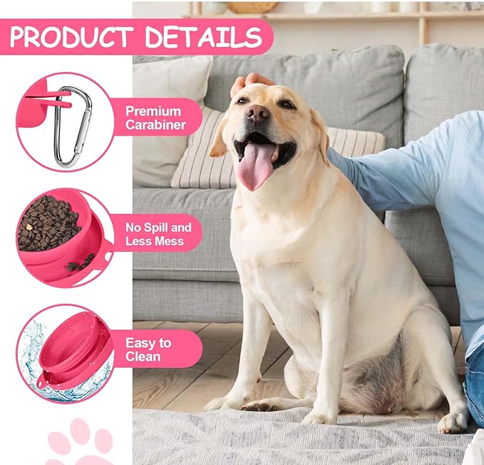 Collapsible Dog Water Bowl 2 in 1 Foldable Pet Food and Water Bowl Portable Cats Dishes with Carabiner Clip for Traveling Hiking Camping Walking (Pink)