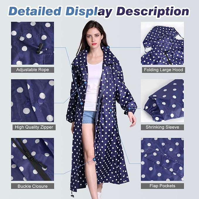 LAMA Womens Long Raincoats Rain Jacket Waterproof Packable Hooded Windbreaker Lightweight Adjustable Waist for Outdoor