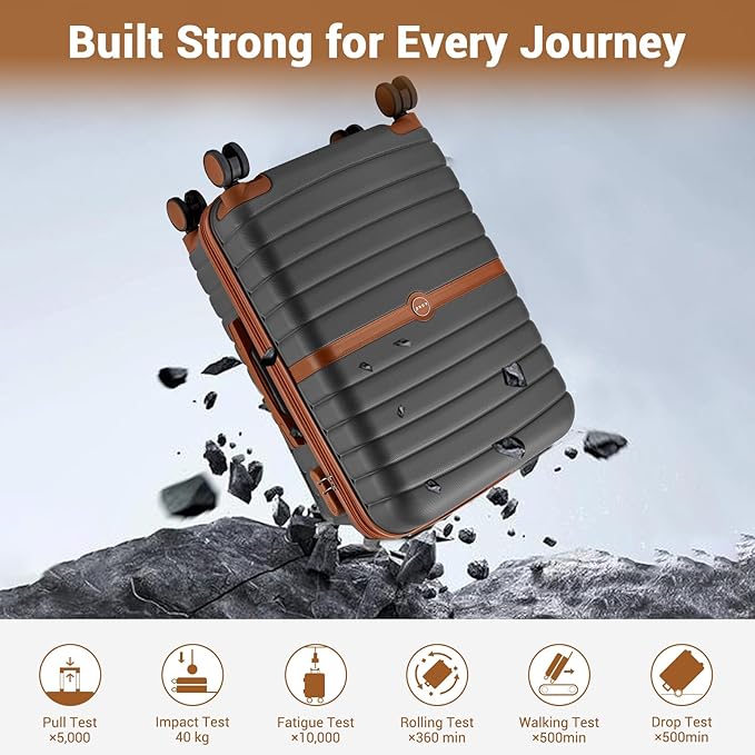 Kono Expandable 24 Inch Luggage with Spinner Wheels, Medium Checked Luggage with Lock, Lightweight & Anti-Scratch PC+ABS Hardshell Travel Suitcase, Grey/Brown