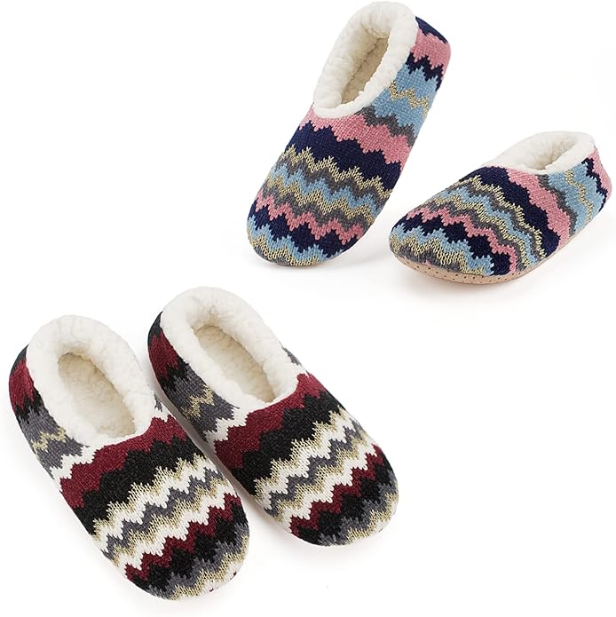 Cozylook 2-Pair Women's Soft Sole Slipper Socks with Grippers, Thick Warm Cozy Sherpa Lined Home Socks Set, Cable Knitted Non-slip Fluffy Winter House Bedroom Slippers