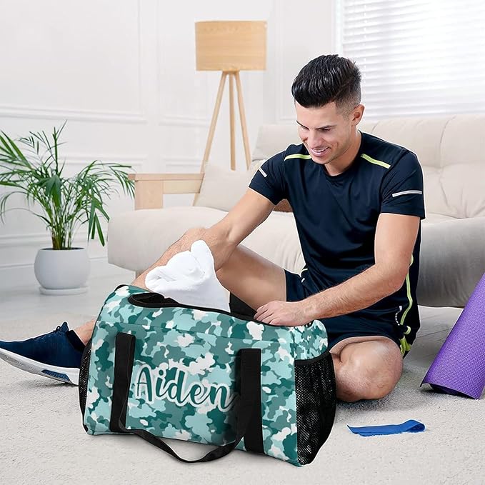 Duffle Bag, Personalized Name Camouflage Camo Teal Blue Pattern Travel Bag, Lightweight Gym Training Sports Bags Custom Unisex Gifts for Men Women