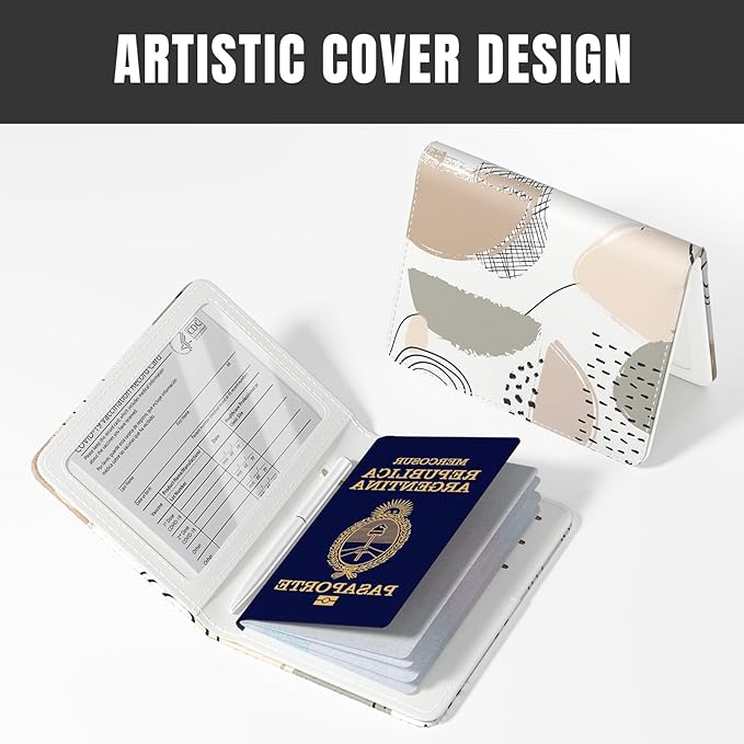 Rimilak Passport Holder, RFID Blocking Passport Cover Wallet Travel Essentials, Leather Travel Air Ticket Documents Organizer Protector for Women and Men, Modern Art