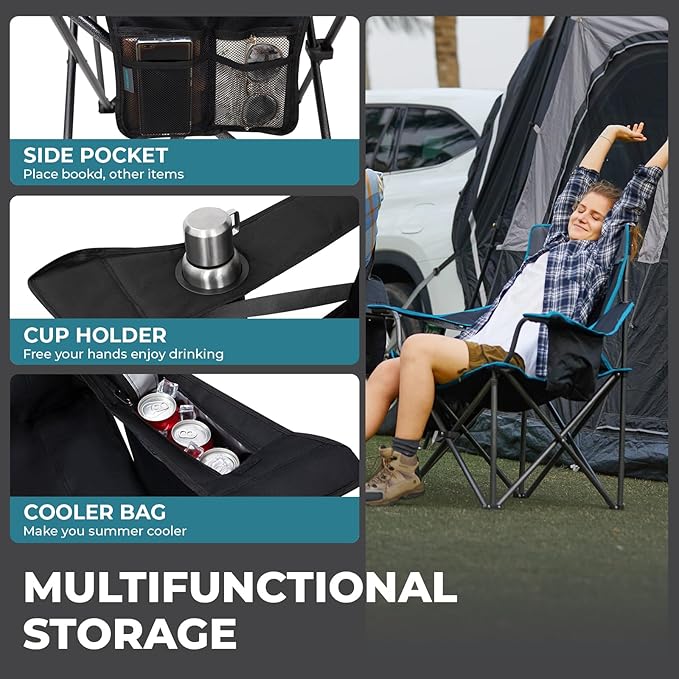FUNDANGO Oversized Camping Chair for Adults, Heavy Duty Portable Foldable Lawn Chair with Padded Seat & Back, Lumbar Support, 4-can Cooler & Cup Holder, Carry Bag Included for Outdoor