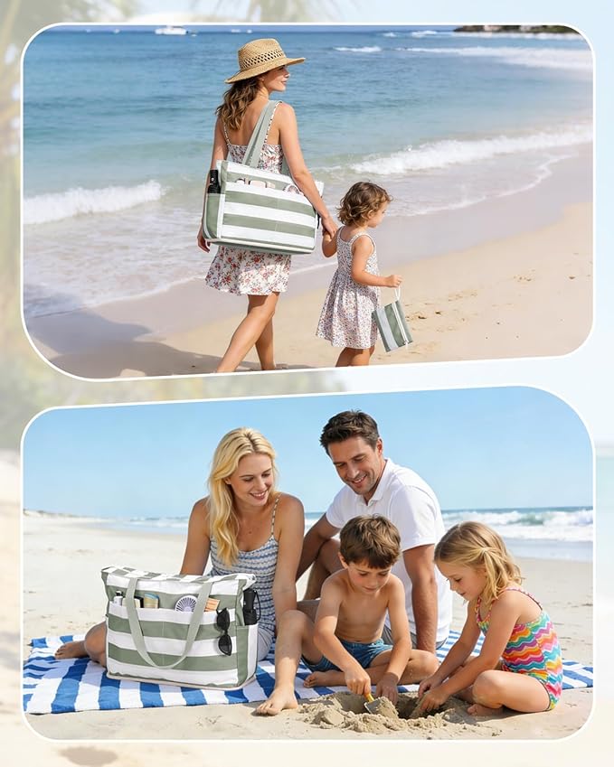 WANDF Beach Bags for Women, Large Waterproof Sandproof Beach Tote Bag with Zipper Family Pool Bags with 40oz Tumbler Pocket, Swim Cruise Vacation Essentials (Green) | 40oz Tumbler Pocket