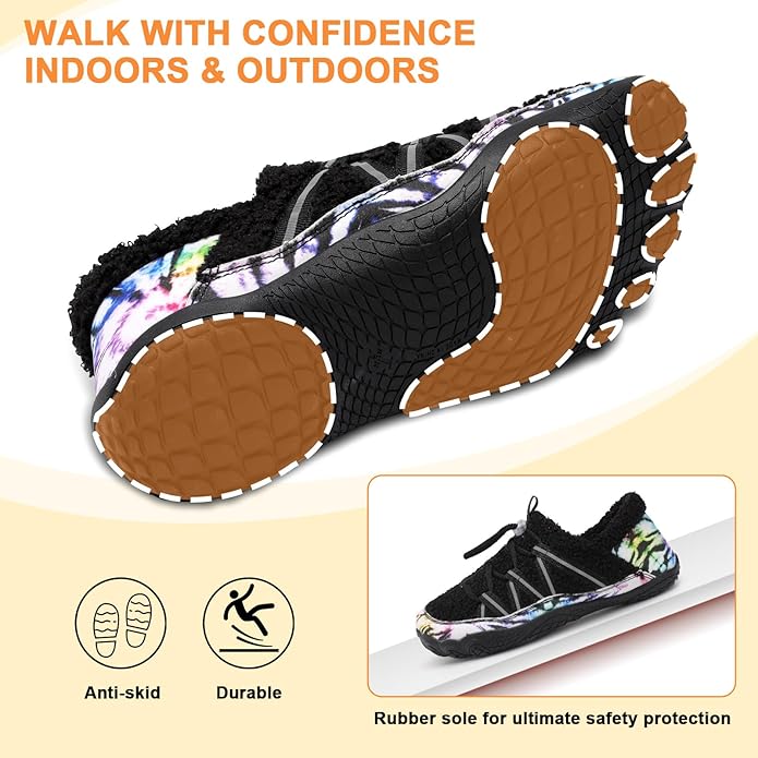 relxfeet Women's Wide Width Slippers Cozy Furry Barefoot House Shoes with Adjustable Fit Non-Slip Indoor Outdoor Slippers for Diabetic Bunion Swollen Feet Friendly