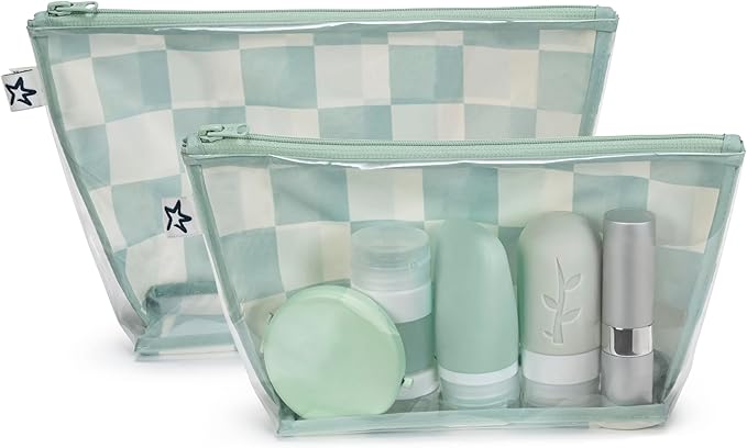 Tiny Twinkle Diaper Bag Organizing Pouches | 2 Pack Mess-Proof Travel Organizer Bags with Structured Bottom & Clear Front | TSA Approved Toiletry Bag Set for Baby and Mom Essentials (Sage Checkers)
