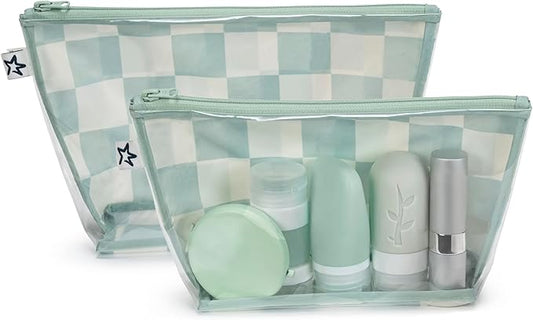 Tiny Twinkle Diaper Bag Organizing Pouches | 2 Pack Mess-Proof Travel Organizer Bags with Structured Bottom & Clear Front | TSA Approved Toiletry Bag Set for Baby and Mom Essentials (Sage Checkers)