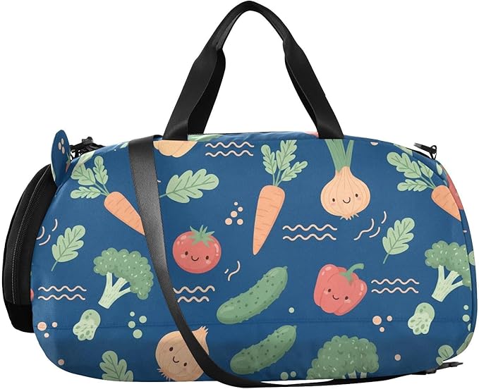 Cartoon Vegetables Blue Print Kids Sports Duffle Bag for Boys Girls Toddler Weekender Overnight Bag with Shoe Compartment & Wet Pocket Travel Foldable Bag for Sport Dance Travel Gym