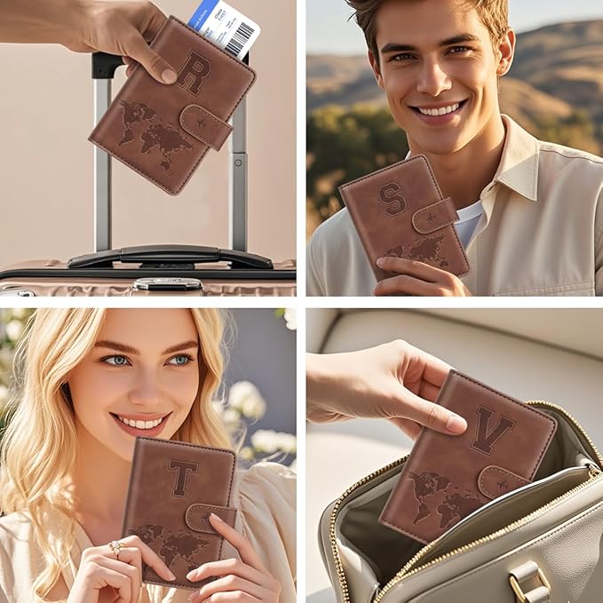 Passport Holder Wallet Cover Personalized Letter A-Z Travel Wallet RFID Blocking Passport Cover Wallet Case for Travel Passport Book Holders for Women and Men, Brown-R
