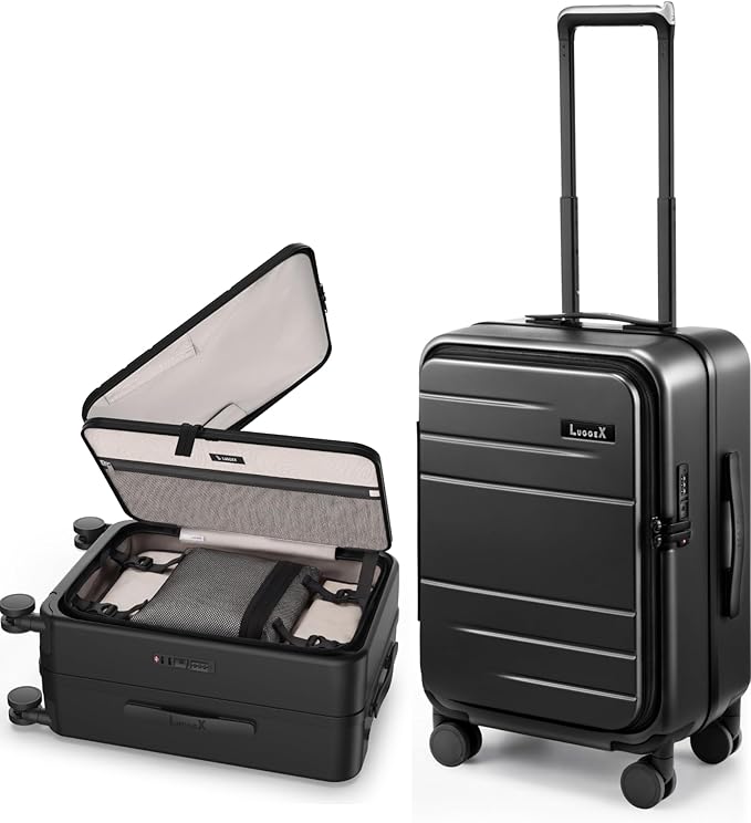 LUGGEX Carry On Luggage Top Opening & Front Opening, FLP Aluminum Frame Trunk Style Luggage with Front Laptop Pocket, Polycarbonate Hard Shell Suitcase (FX- Enhance, Blue, 21 Inch, 38L)