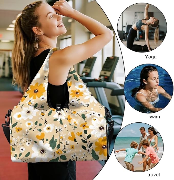 White Daisy Duffle Bag Women with Shoe Compartment and Yoga Mat Holder Yellow Sports Duffel Bag with Wet Pockets for Women, Stylish Portable Fitness Sport Tote Bag