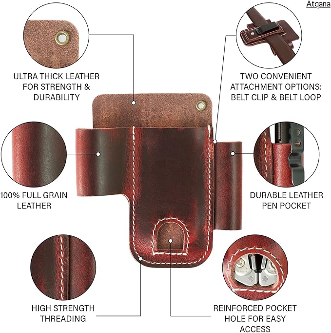 EDC Pocket Organizer For Belt (Premium Leather) - Urban Tool Holster | Multitool Sheath | Tactical Belt Knife Pouch with Belt Clip (Extra Dark Brown) by ATQANA®