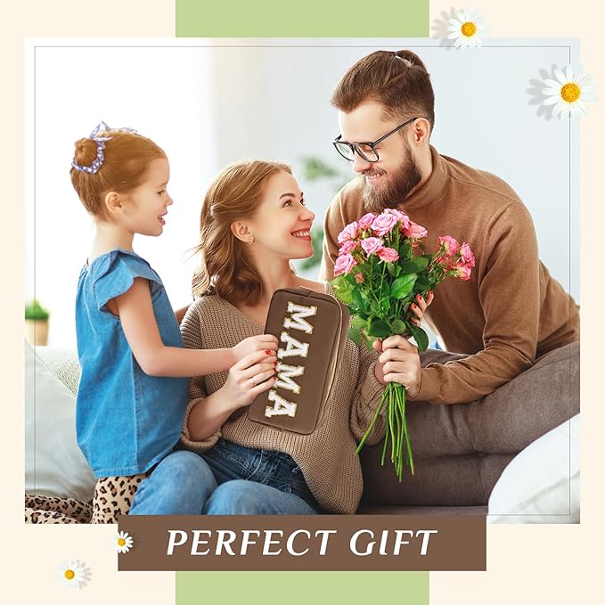 Sanwuta 2 Pieces Mama Gifts Makeup Bag Mom Pouch Birthday Gifts Nylon Cosmetic Bag Mothers Day Appreciation Toiletry Preppy Patch Chenille Letter for Women Her New Mom(Camel, White,Baby and Mama)