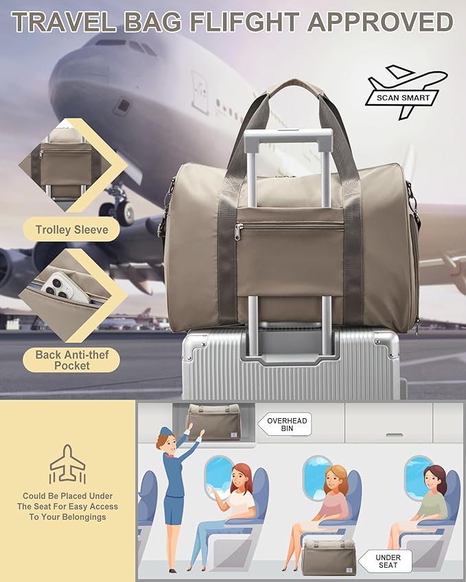 Travel Duffel Bags for Women Mens, Weekender Bag with Shoe Compartment Carry on Overnight Bag with Laptop Compartment Personal Item Travel Bag Gym Bag Hospital Bag Khaki