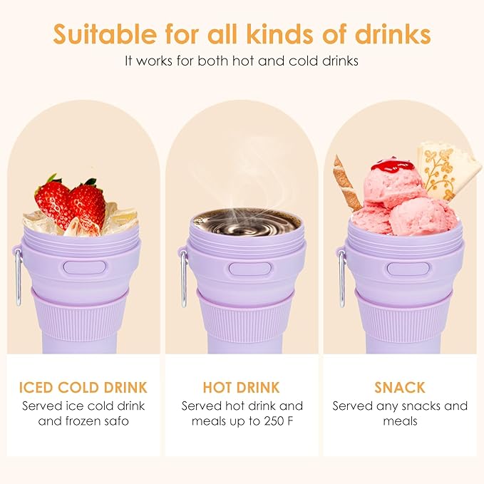 Collapsible Travel Cup - Lilac,16oz/450ml，Leak-Proof Reusable To-Go Pocket Size Silicone Bottle for Hot & Cold Drinks - Camping & Hiking - Dishwasher Safe- Straw included