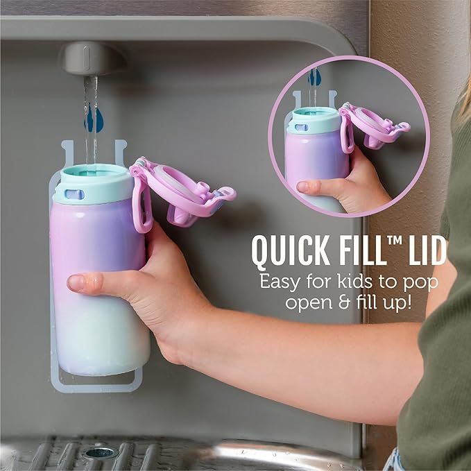 Ello Kids Pop & Fill 12oz Toddler Water Bottle with Quick Fill Lid, Double-Wall Vacuum Insulated Stainless Steel, Leak Proof, BPA Free, Sip & Chug, For School, Lunchboxes, Royal Palace