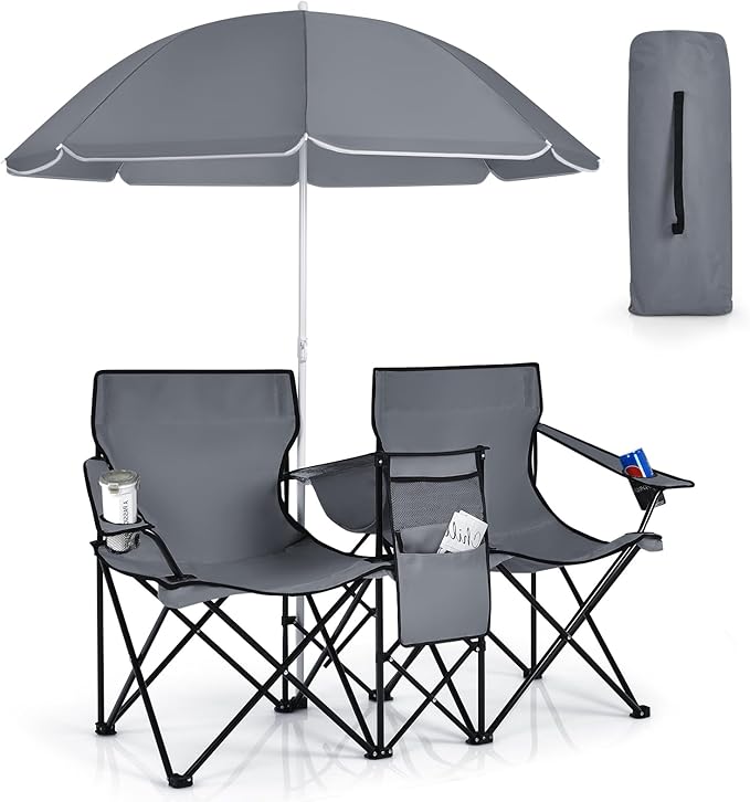 KOTEK Double Camping Chair, Folding Camp Chair with Removable Umbrella, Cup Holders, Cooler Bag, Side Pocket & Carry Bag, 2-Person Beach Chair for Outdoor, Sports, Concerts, Travel, Picnic (Grey)
