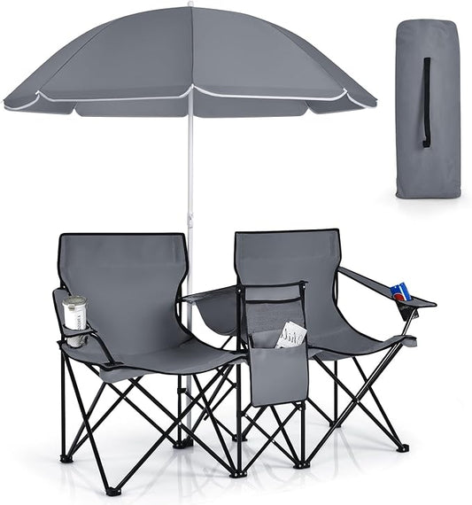 KOTEK Double Camping Chair, Folding Camp Chair with Removable Umbrella, Cup Holders, Cooler Bag, Side Pocket & Carry Bag, 2-Person Beach Chair for Outdoor, Sports, Concerts, Travel, Picnic (Grey)