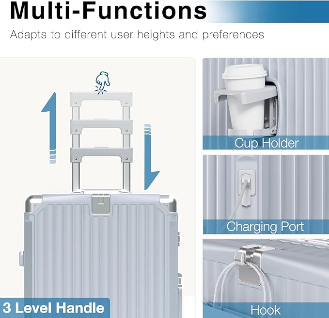 Krute No Zipper Carry On Luggage 20 Inch Suitcase with Wheels PC Aluminum Frame Zipperless Luggages with Cup Holder and Charger Hard Side TSA Approved Travel Suitcases