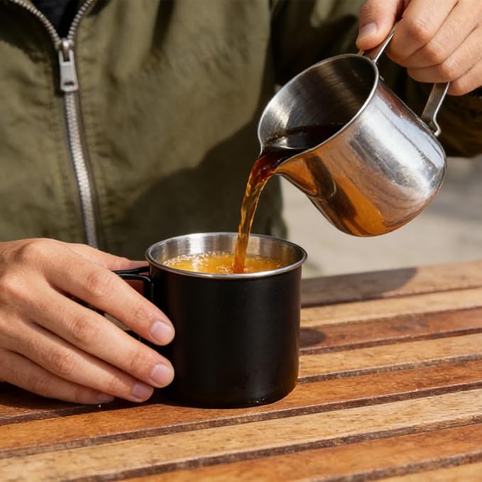 4 Pack Stainless Steel Camping Cups with Foldable Handle, 14.8oz Portable Cups for Coffee & Travel, Dishwasher Safe - Perfect for Picnic, Hiking, Office (4 Colors)