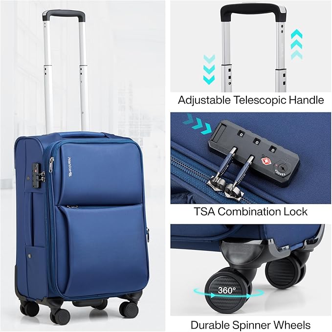 Hanke Softside Expandable 20 Inch Carry On Luggage with Wheels Airline Approved, TSA Luggage Lightweight Rolling Suitcases for Travel Carry On Bag(Blue)