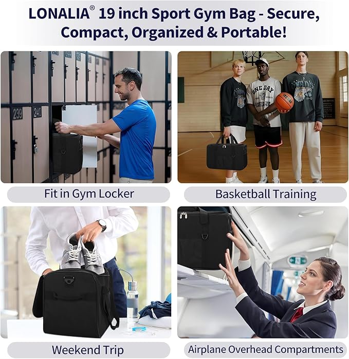 35L Sports Gym Duffle Bag - 19 inch Weekender Duffel for Workout, Basketball, Fitness, Training (Black)