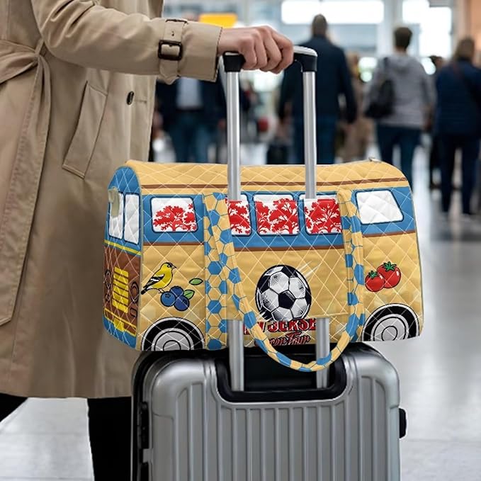 COEQINE Quilted Duffle Bag For Men Travel Quilted Tote Bag Large Car New Jersey Van Car on Yellow Print Overnight Luggage Bag with Trolley Sleeve