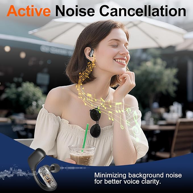 kurdene Active Noise Cancelling Wireless Earbuds Bluetooth Headphones for Sport, Digital Display, 66H Playtime, Deep Bass Sound Ear Buds, Open-Ear Secure Fit for Running, Workout-Black