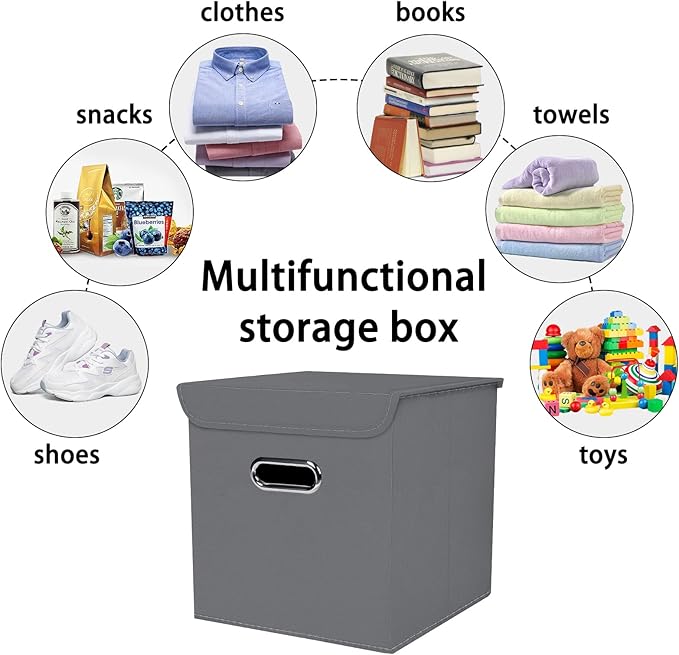 Closet Organizers Fabric Storage Bins With Lids Collapsible Cube Storages Organizer Basket With Handles,Storage Boxes for Clothes Storage,Office,Toys,3 Pack,（Grey