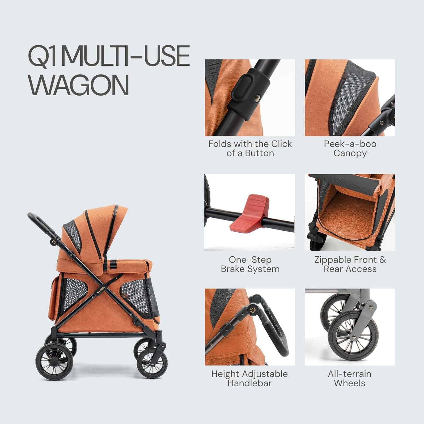 Familidoo Q1 Multi-Use Kids Wagon Stroller – Foldable, Lightweight & All-Terrain for Kids & Pets – 5-Point Safety Harness, Rain Cover & Compact Travel Design – Supports Up to 132 lbs (Burnt Orange)