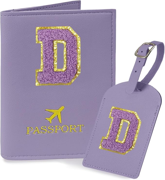COSHAYSOO Initial Passport Cover Luggage Tag Set Letter Passport Holder Airplane Cruise Travel Essentials Vacation Traveling Accessories Personalized Gifts for Women Teen College Girls Purple D