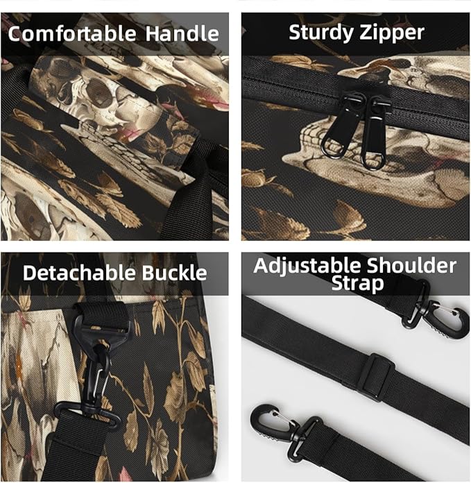 Skull Mini Gym Bag 18 inch for Women Men Waterproof Custom Vintage Floral Skull Gothic Travel Duffel Bag Carry On Overnight Tote Nurse Bag for Work Fitness Hiking
