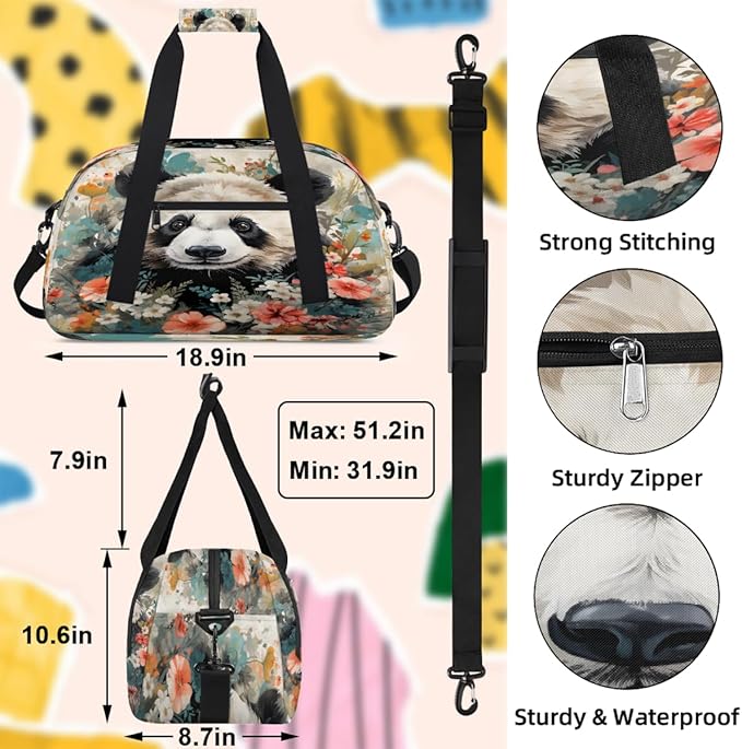 Gym Bag for Women Men, Panda Flower Art Travel Duffle Bags for Dance Ballet Overnight, Carry-On Weekender Bag with Detachable Shoulder Strap
