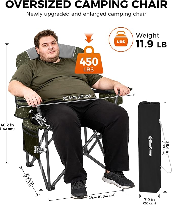 KingCamp Oversized Camping Folding Chair, Heavy Duty 450 LBS with Lumbar Support, Padded seat with Cup Holder&Cooler Bag, Ideal for Camp, Fishing, Sports Event, Backyard, Patio, Lawn