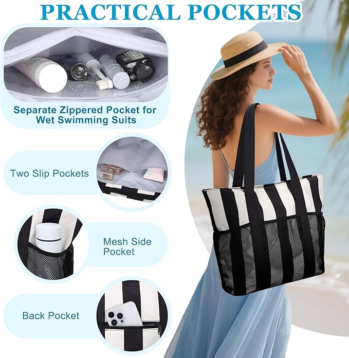 VASCHY Beach Bag for Women, Foldable Waterproof Sandproof Beach Tote with Zipper/Mesh Pockets for Vocation/Cruise/Gym/Travel