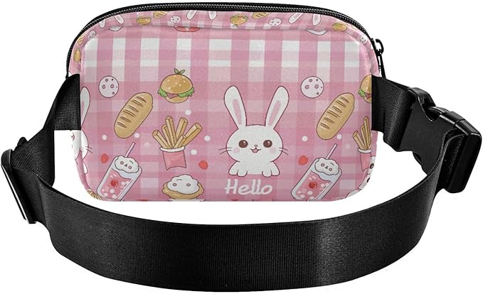 Kawaii Pink Checkered Bunny French Fries Fanny Pack for Women Men Water Resistant Fashion Waist Packs with Adjustable Strap Belt Bag for Travel Workout Jogging Hiking 21219119