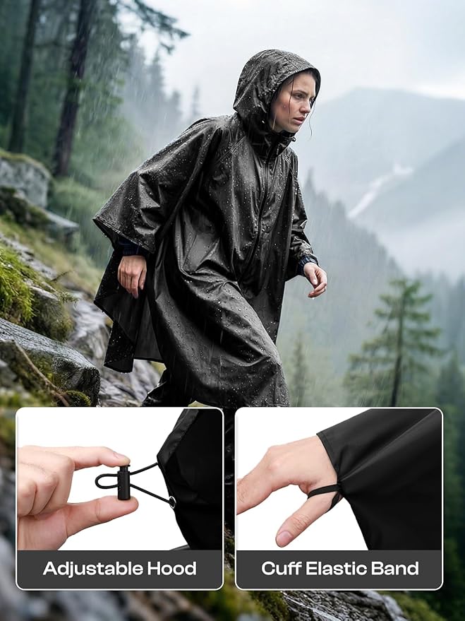 SaphiRose Lightweight Waterproof Rain Poncho for Adults with Hood Portable Rainwear for Outdoor