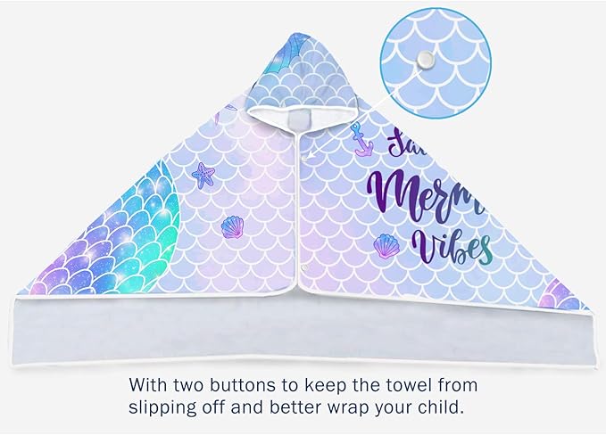 Bonsai Tree Mermaid Kids Hooded Beach Towel, Mermaid Tail Microfiber Hooded Poncho Towel for Girls 30”x50”, Mermaid Scales Pink Soft Absorbent Bath Towels Bathrobe with Hood for Swin Pool