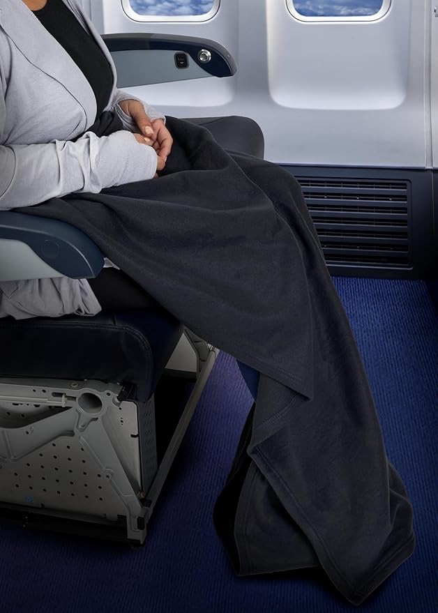 Brookstone Travel Blanket - 2-in-1 Super Soft Fleece Lightweight Throw Blanket with Carrying Pouch, Airplane & Car Travel Essentials, Black Foot Pocket