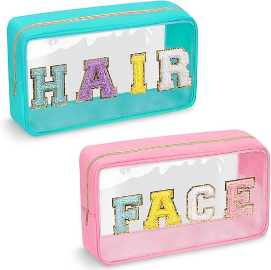 2 Pack Chenille Letter Clear Makeup Bags Face Hair Pouch, Preppy Patch Travel Face Bag Pink Clear Pouches With Zipper, Travel Hair Bags for Hair Stuff Waterproof Cosmetic Toiletry Storage(HAIR+FACE)