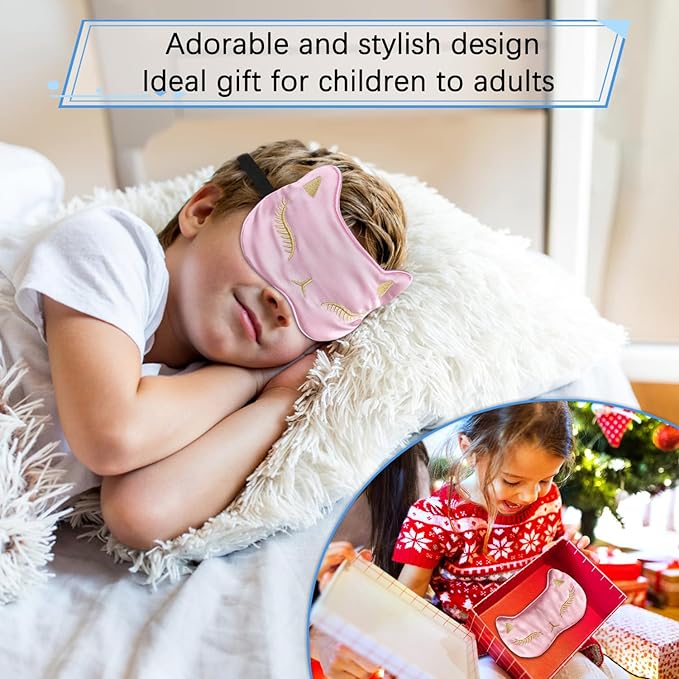 Cute Cat Silk Sleep Mask Adjustable Eye Mask Sleeping Mask Eye Cover Soft Satin Blindfold Eye Shade for Girls Women Men Travel Nap - Pink