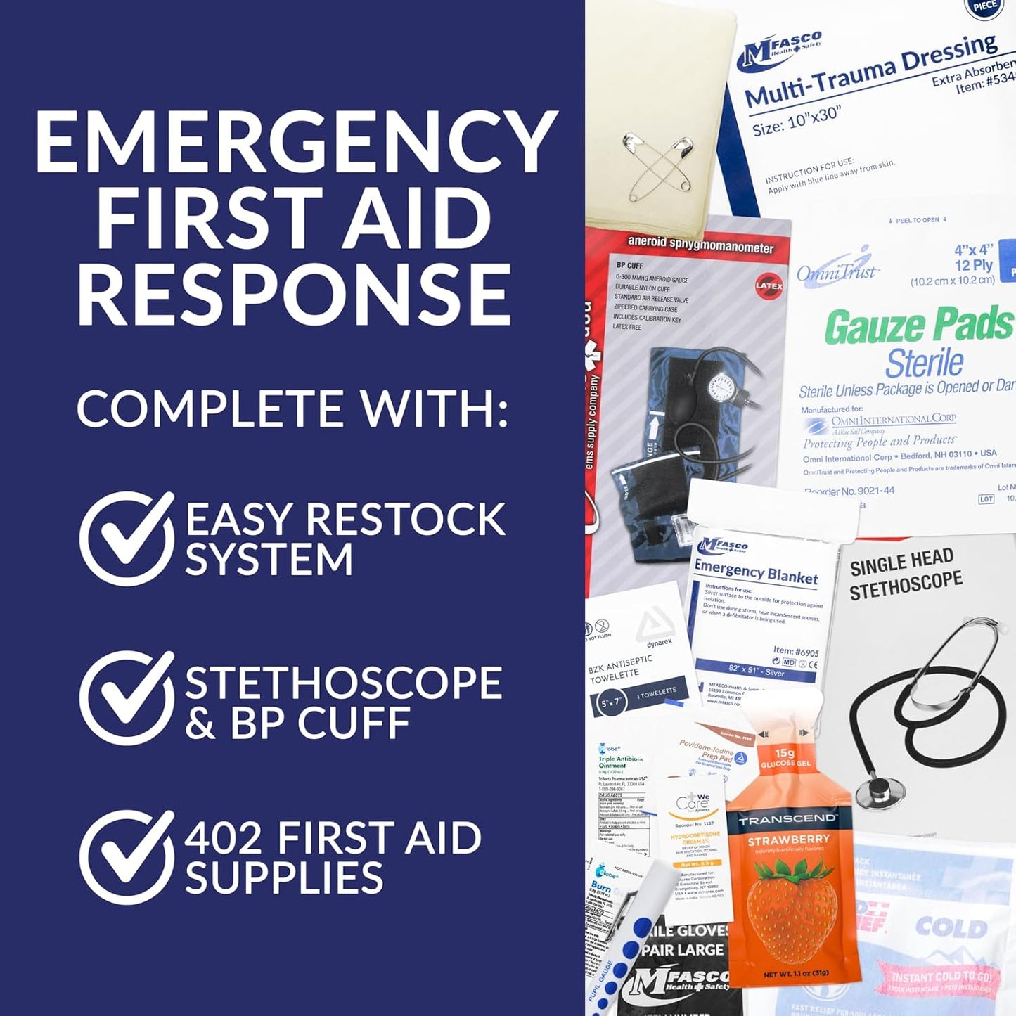 MFASCO First Aid Kit - Fully Stocked Portable Reflective Bag - First Responder Emergency Response Kit - for Natural Disaster Preparedness - Customizable Storage - Includes 415 Pcs First Aid Supplies
