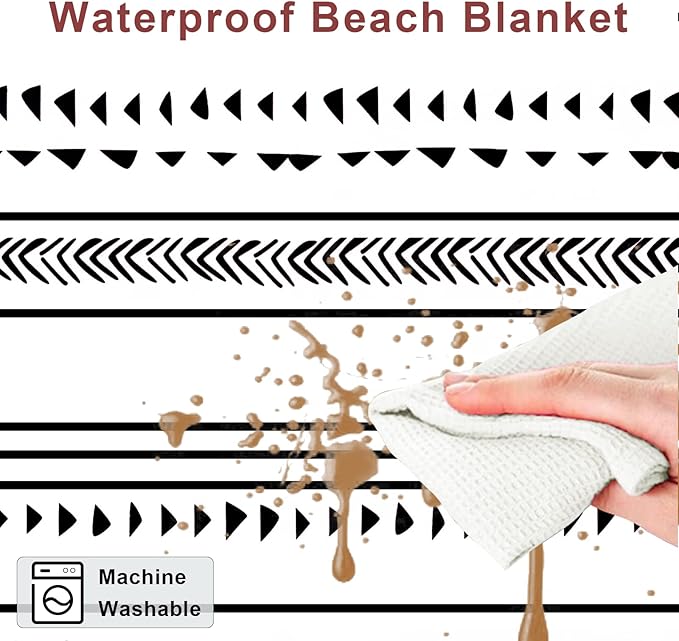 BEW Large Beach Blanket for 1-4 Adults, 78in×86in Waterproof Sandproof Blankets with 4 Stakes & Corner Pockets, Polyester Lightweight Foldable Outdoor Picnic Mat, Camping, Hiking White-black Lines