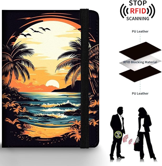 Passport Holder Wallet Cover Case,RFID Blocking Passport Cover,Large Capacity Travel Wallet with Multi Card Slots (Sunset Palm Beach)
