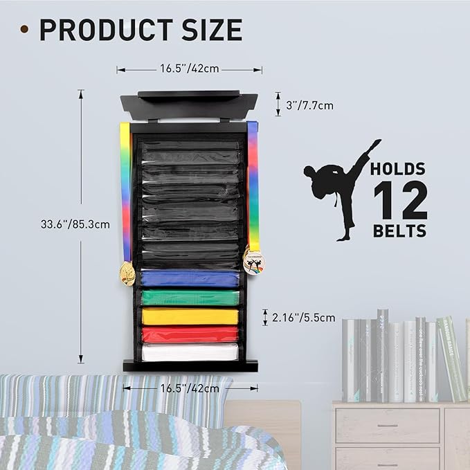 Tilhumt 10/12 Belts Karate Belt Display Rack with Photo Shelf, Felt Taekwondo Belt Display Rack Martial Arts Belt Display for Adults TKD, BJJ
