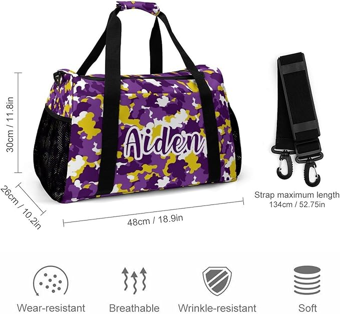 Purple Gold Camouflage Camo Pattern Crossbody Bag Customized Duffel Bags (Store Shoes) Weekender Overnight Bag Travel Bag Personalized Gift Gym Bags