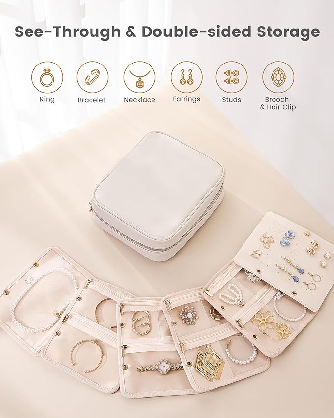 Lolalet Travel Jewelry Organizer Case, Large Jewelry Binder Book with Individual Pouches, Portable Leather Zippered Bag for Jewelry Storage of Earring, Ring & Necklace for Girls, Women -Beige