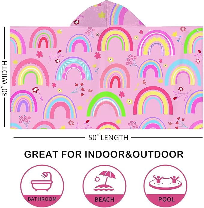Bonsai Tree Rainbow Hooded Beach Towel for Kids Girls, Cute Unicorn Bath Towel with Hood, Pink Magic Rainbow Microfiber Super Absorbent Soft Poncho Bathrobe for Swin Pool 30”x50”