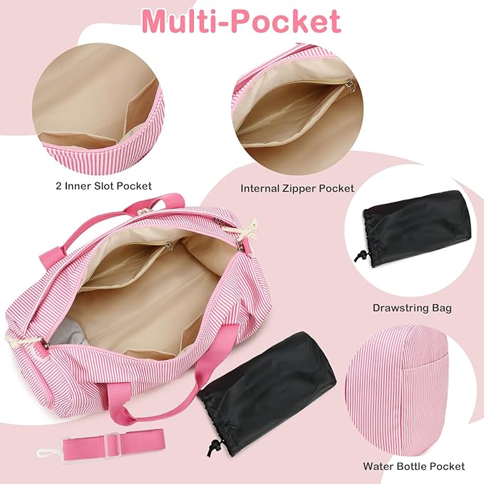 Gym Bag Sports Duffle Bag with Wet Pocket Weekender Overnight Bags with Shoe Compartment for Girls Kids Women Dance Workout Travel Bags (Pink Stripe)