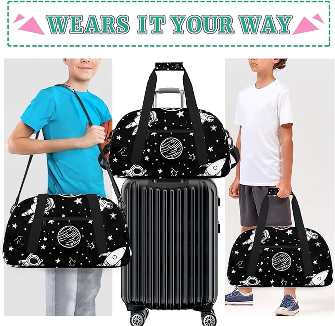 Cartoon Space Gym Travel Duffle Bag for Women & Men with Front Zipper Pocket for Sports, Overnight, Weekender, Carry On,Workout & Dance Bag,Black,18.9 * 8.7 * 10.6 in